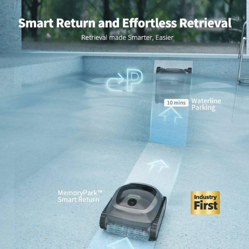 Robotic pool cleaner in a pool with text highlighting smart return and effortless retrieval features.