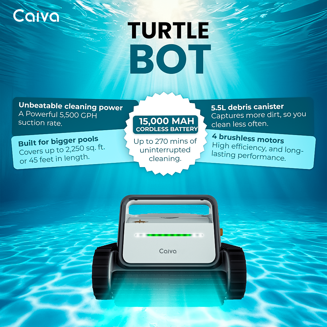 Caiva Turtle Bot pool cleaning robot with features highlighted on a blue underwater background