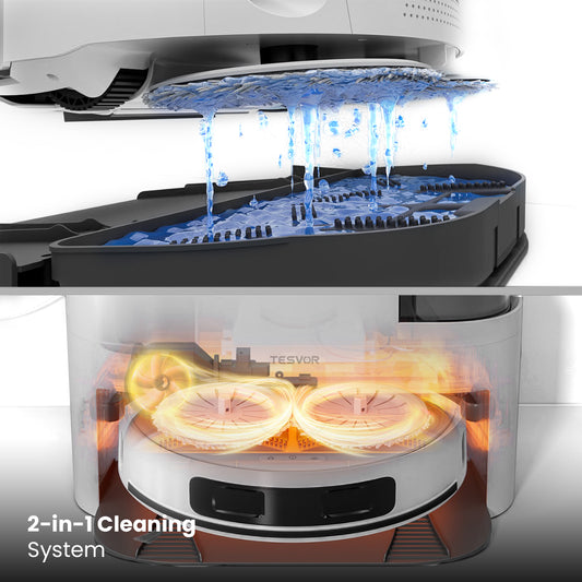 Two views of a cleaning system with water and heat, labeled '2-in-1 Cleaning System'.