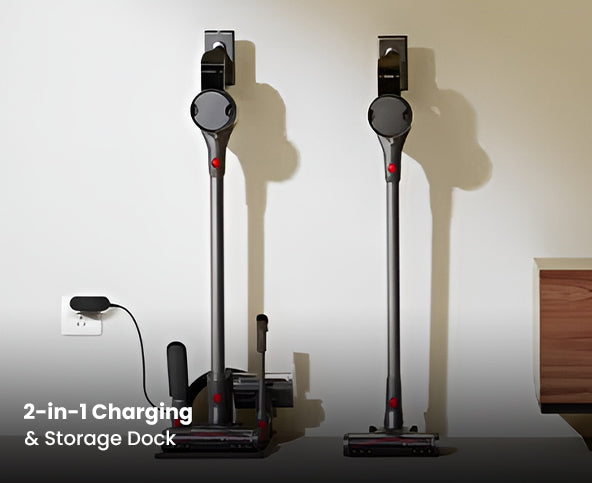 2-in-1 charging and storage dock for a vacuum cleaner against a neutral wall.