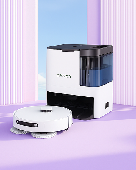 Robotic vacuum cleaner with a white and black design on a light purple background