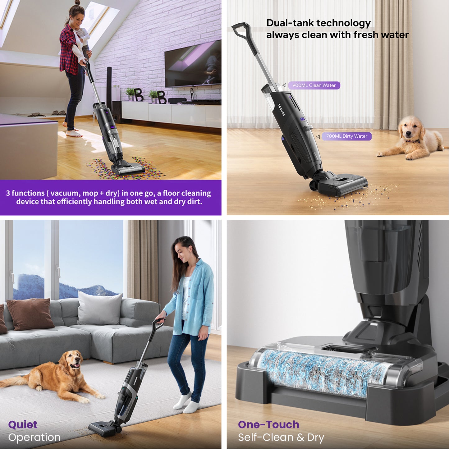 Multifunctional cleaning device being used in a living room with text highlighting features.