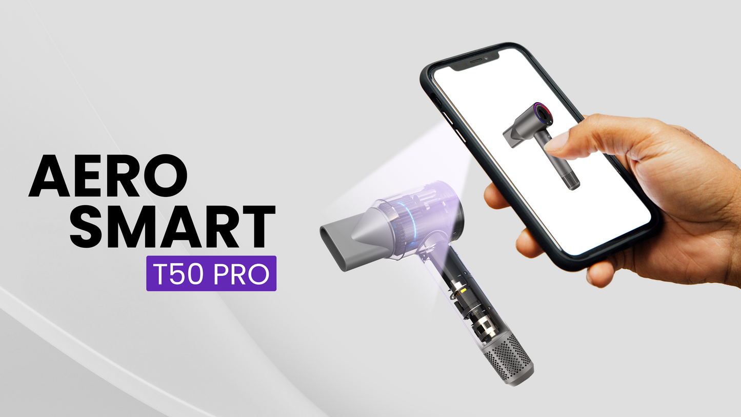 Hand holding a smartphone displaying an image of a hair dryer, with 'Aero Smart T50 Pro' branding.