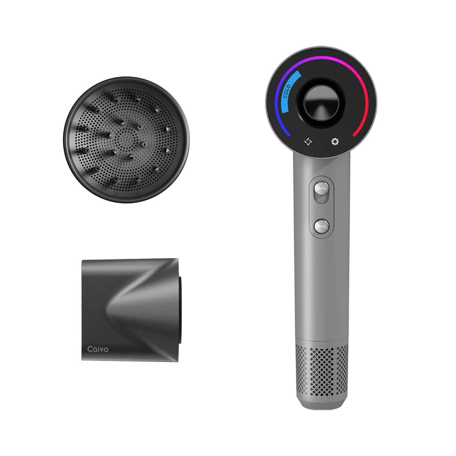 Gray handheld device with attachments on a white background