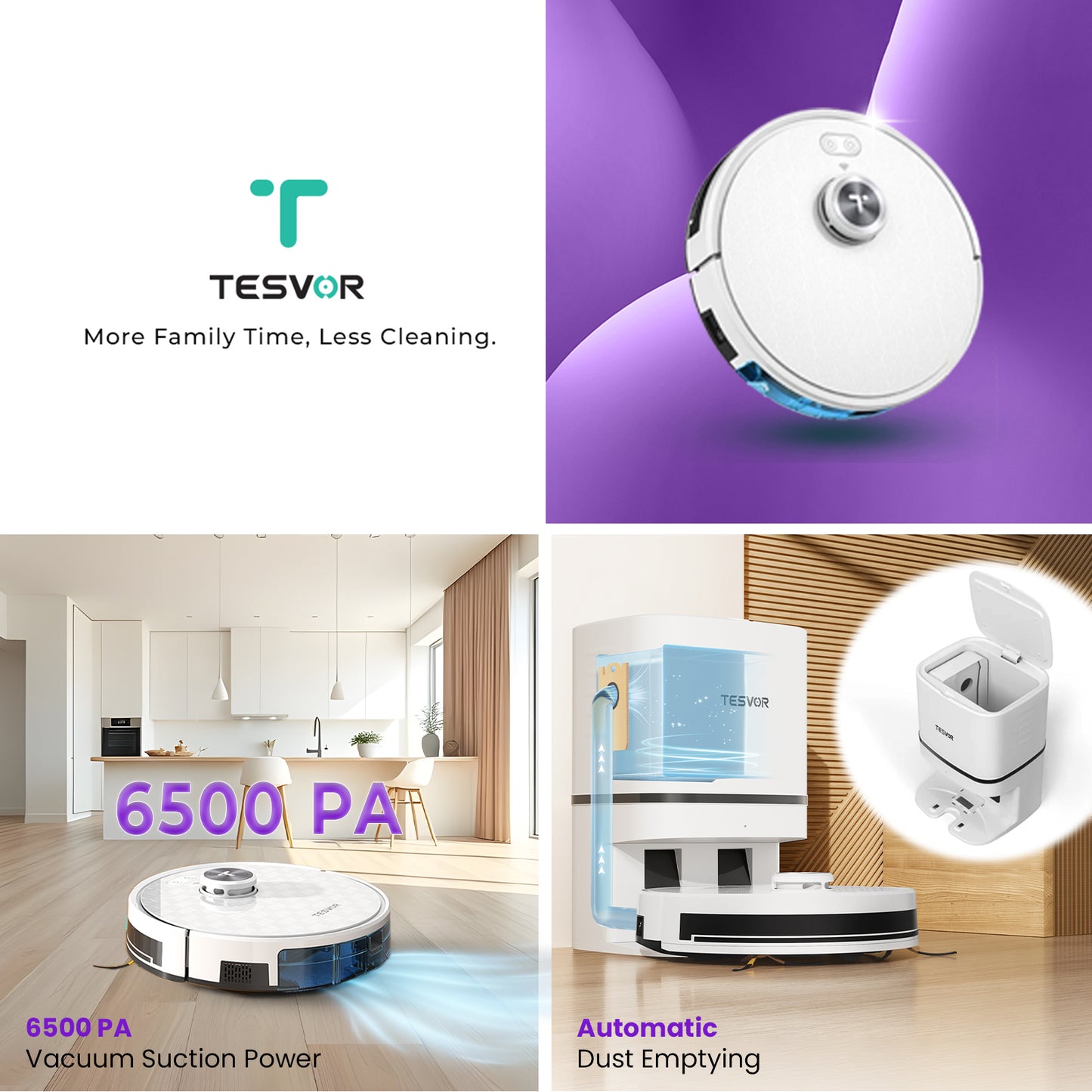 Tesvor robot vacuum cleaner with features highlighted on a white background