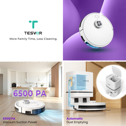 Tesvor robot vacuum cleaner with features highlighted on a white background