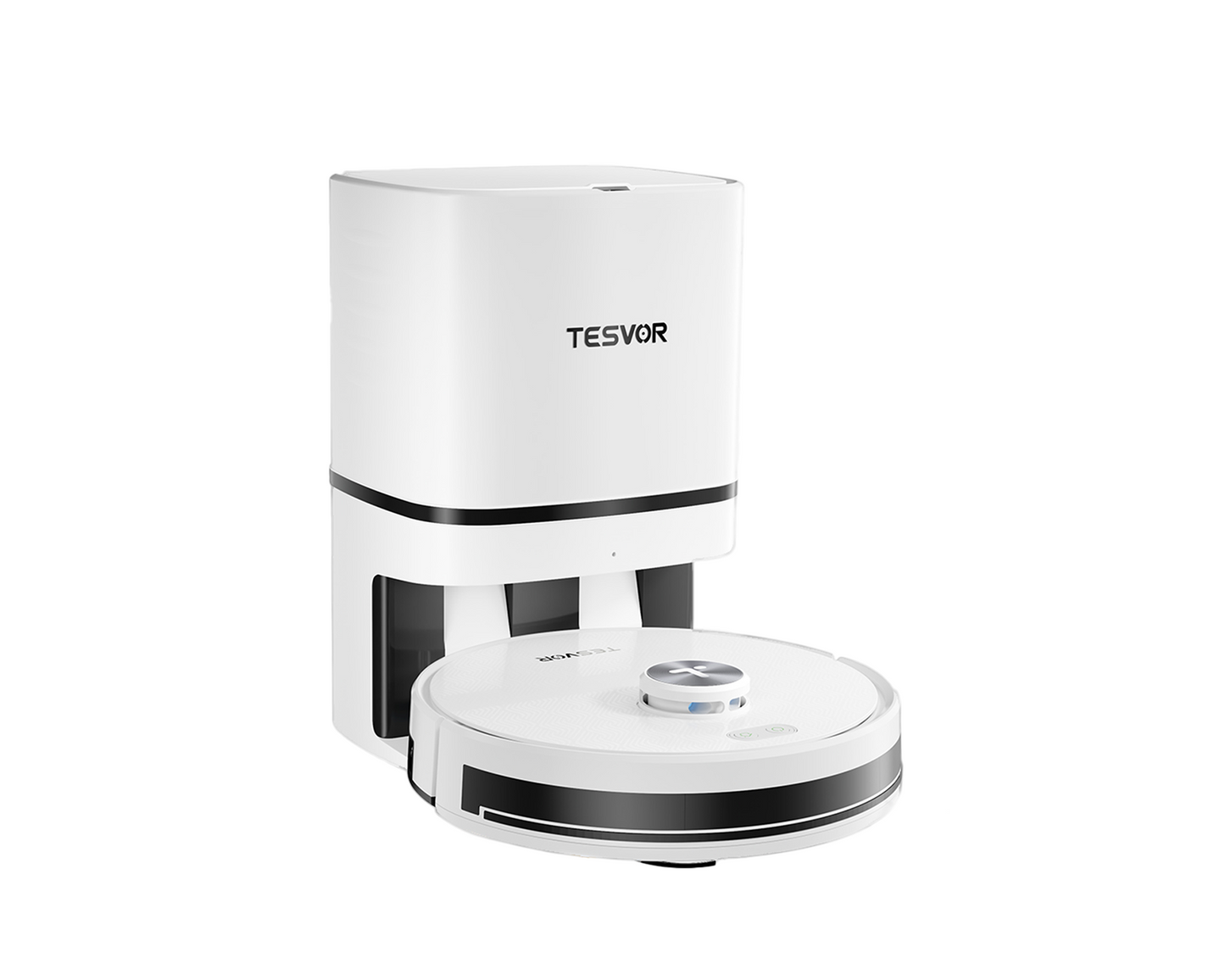 White robot vacuum cleaner with 'TESVOR' branding on a white background