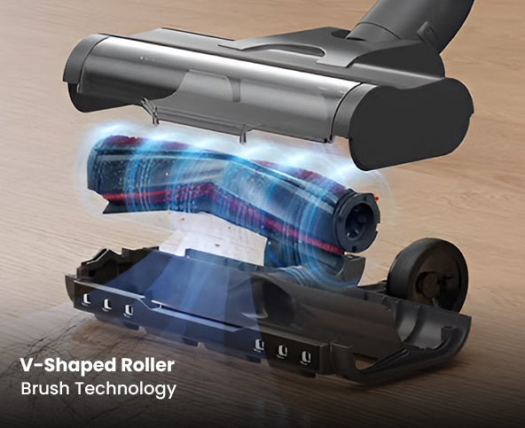 Vacuum cleaner head with V-shaped roller brush technology on a wooden floor.