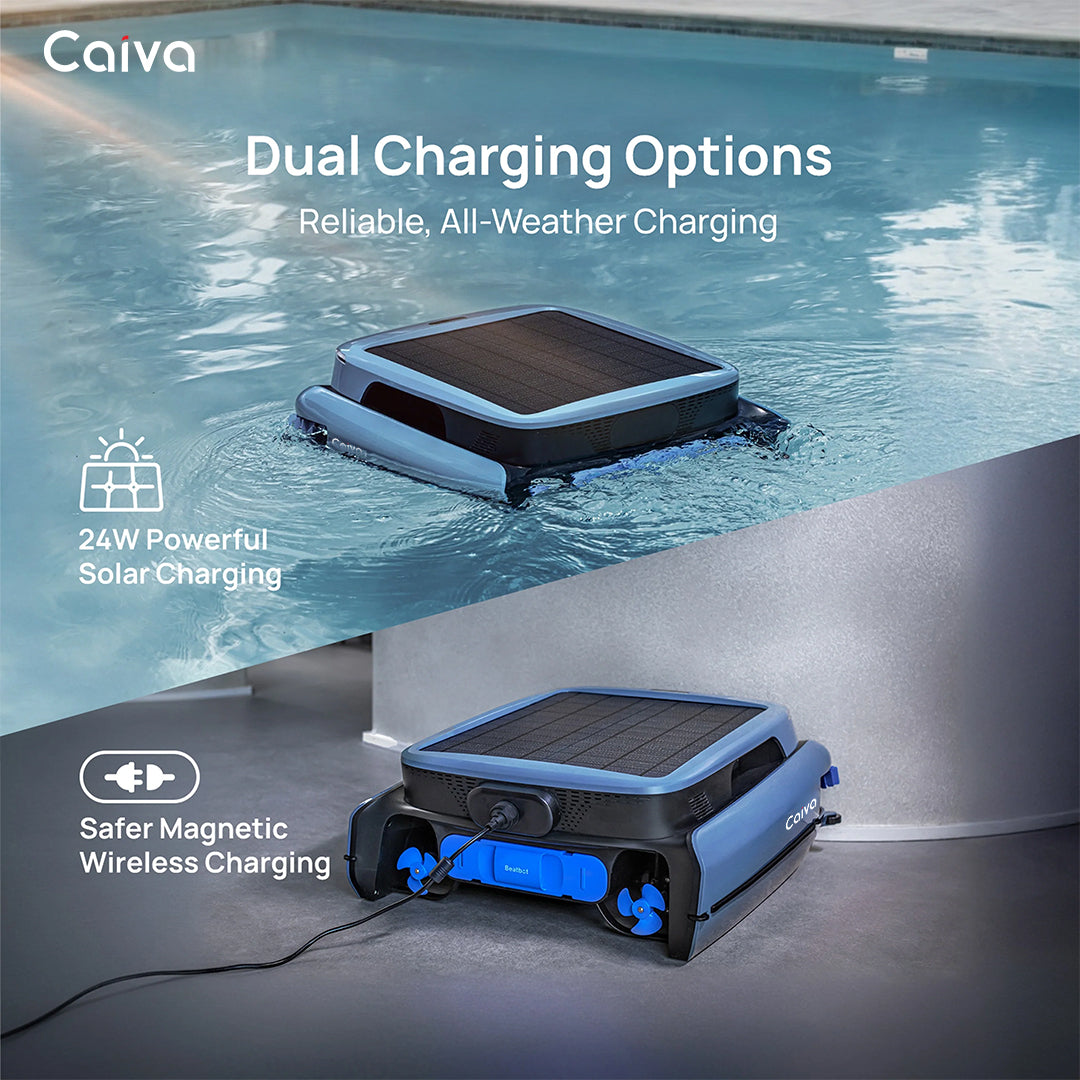 Robotic pool cleaner with solar panel and magnetic charging cable in a pool setting, featuring Caiva branding.