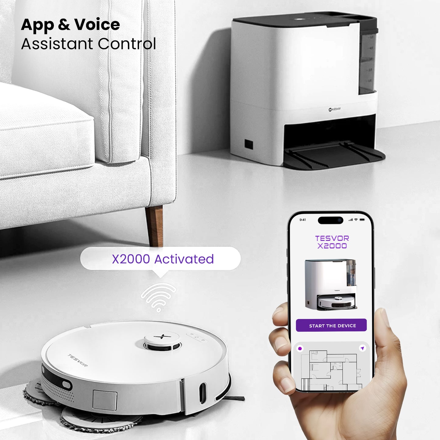 Robotic vacuum cleaner with smartphone app control on a white surface.