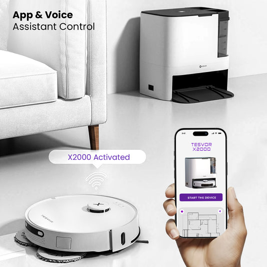 Robotic vacuum cleaner with smartphone app control on a white surface.
