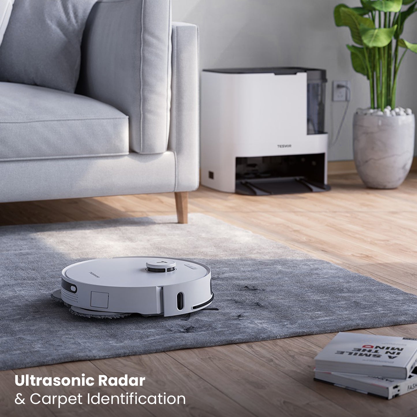 Robotic vacuum cleaner cleaning a living room with text 'Ultrasonic Radar & Carpet Identification'.