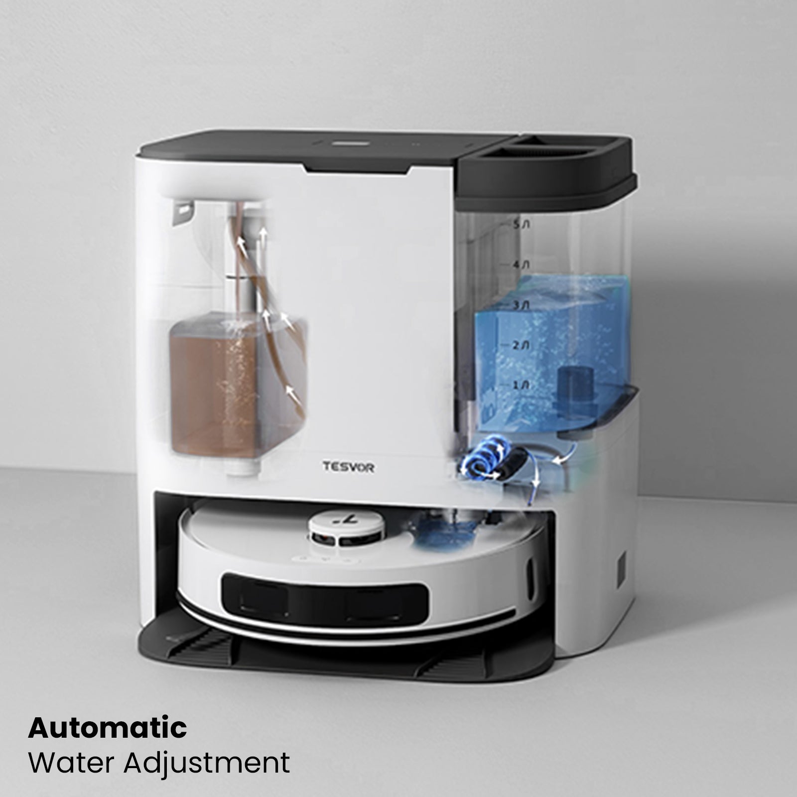 Robotic Vacuum cleaner with water adjustment feature and separate section for dirt water 