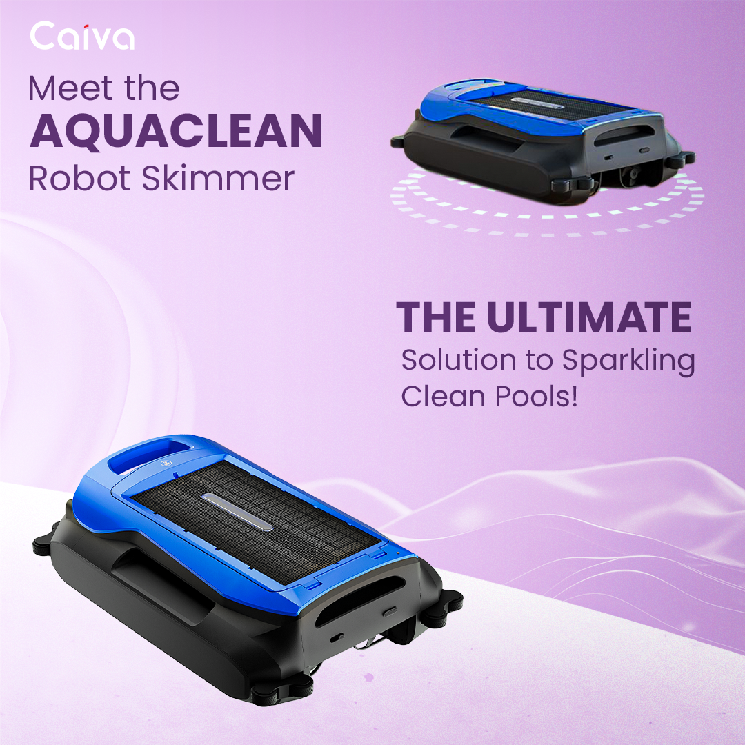 Aquaclean robot skimmer with promotional text on a purple background