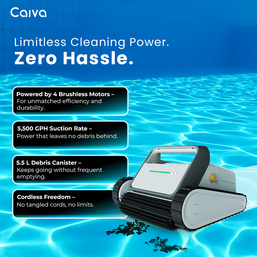 Caiva pool cleaning robot with features highlighted on a blue water background