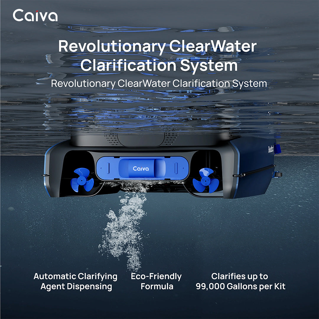 Caiva ClearWater Clarification System with water droplets and text on a dark background