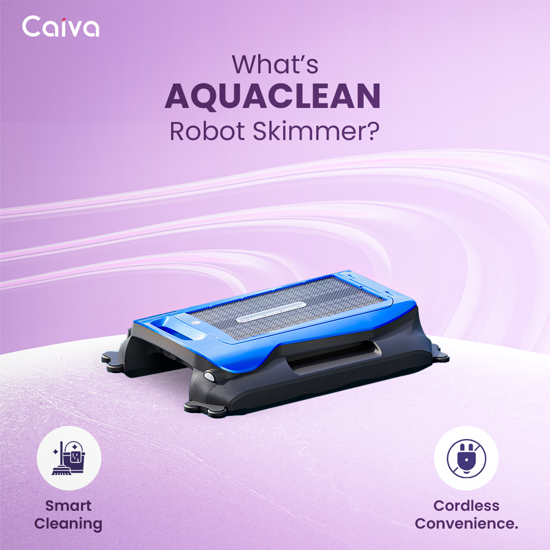 Aquaclean robot skimmer with features on a purple background