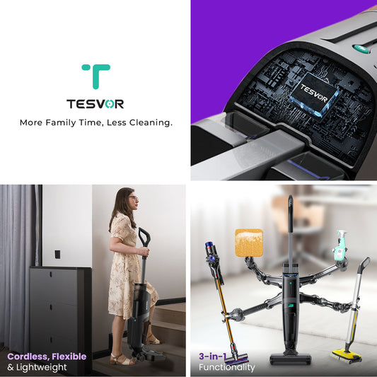 Promotional image of TESVOR vacuum cleaner with features and branding.