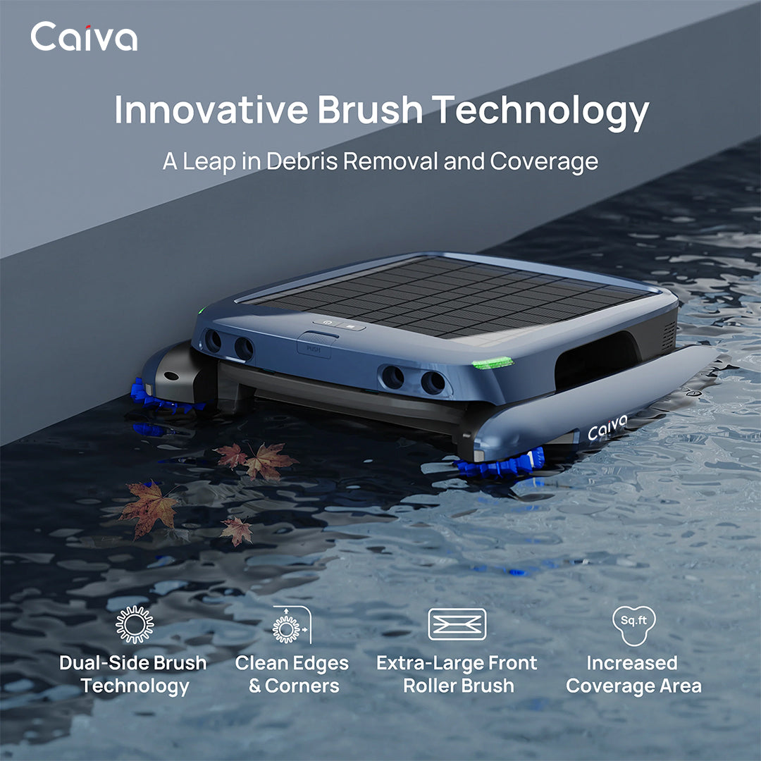 Robotic cleaning device with Caiva branding on a wet surface, highlighting innovative brush technology.