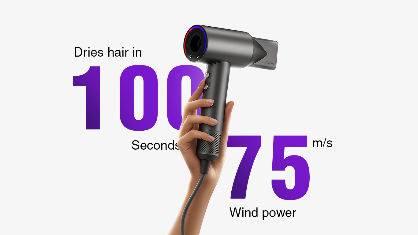 Hair dryer being held with text indicating speed and power on a white background