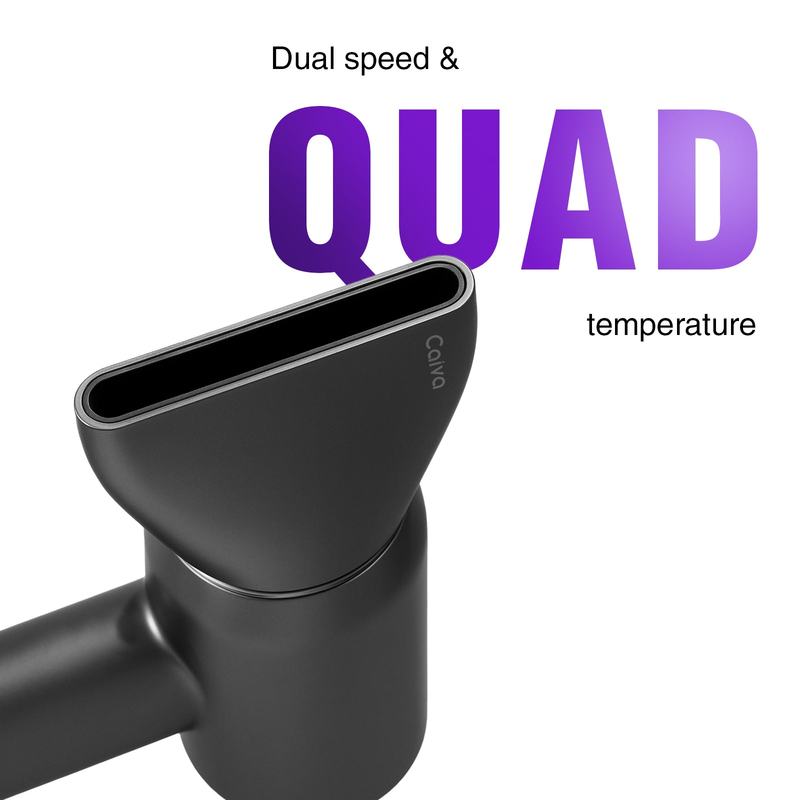 Black hair dryer nozzle with 'Cavia' branding on a white background, featuring text about dual speed and quad temperature.