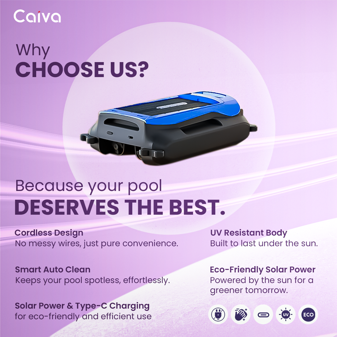 Advertisement for a pool cleaning device with features highlighted on a purple background