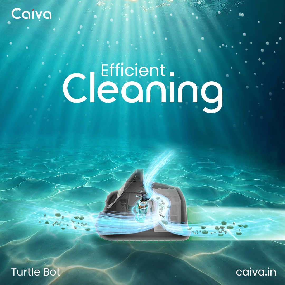 Robotic device cleaning underwater with 'Caiva' branding and text 'Efficient Cleaning'.