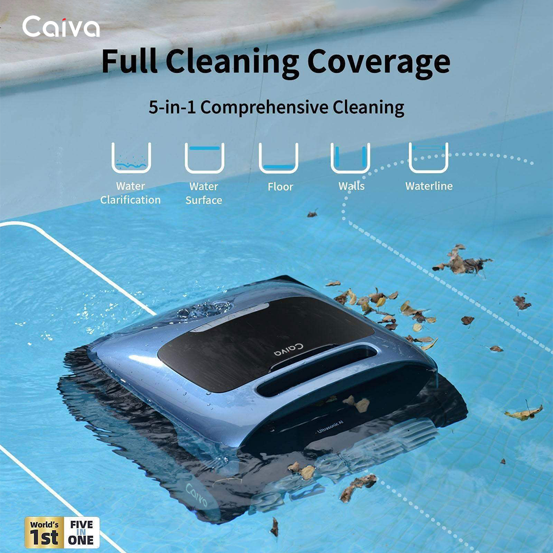Robotic pool cleaner cleaning a pool with text highlighting its features.