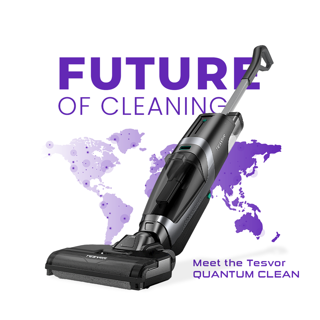 Vacuum cleaner with world map in the background and text about the 'Future of Cleaning' and 'Tesvor Quantum Clean'.