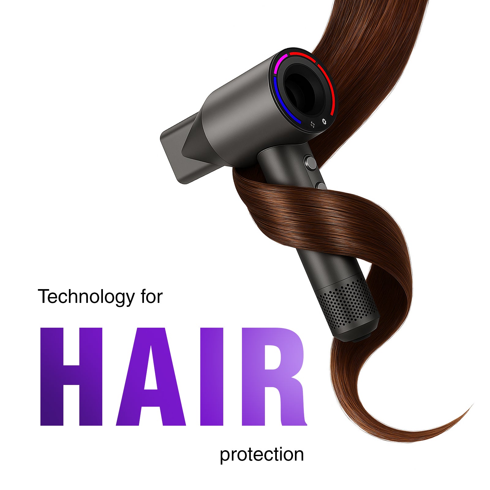 Hair dryer with a curl of brown hair, emphasizing hair protection technology.