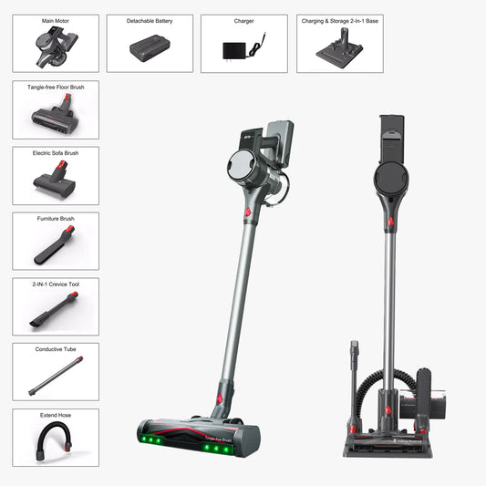 Stylized image of a vacuum cleaner with attachments on a white background