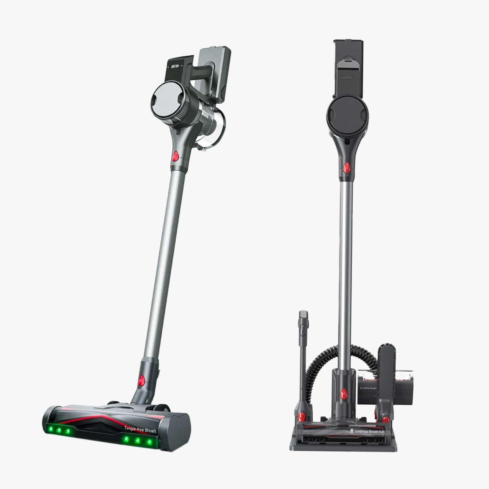 Two models of a cordless vacuum cleaner on a white background