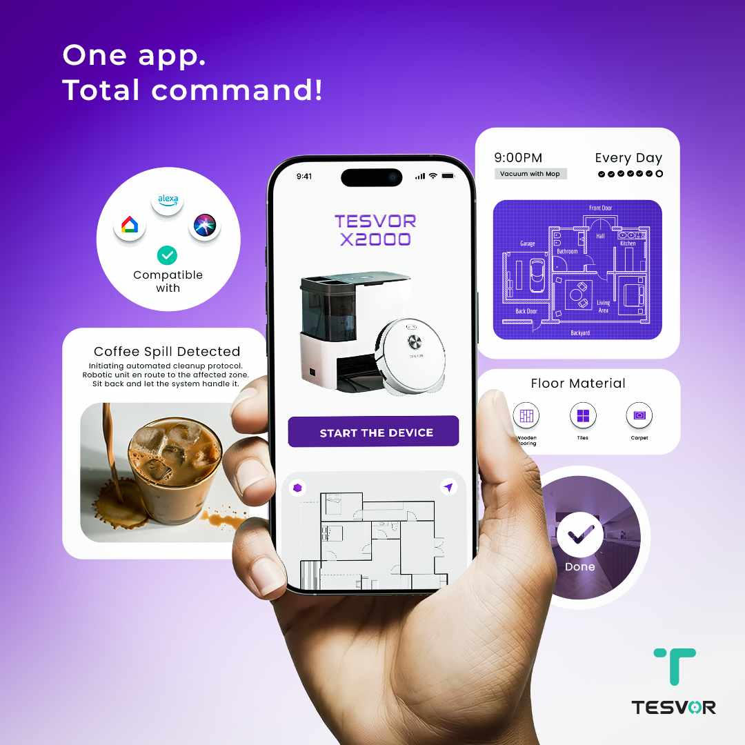 Hand holding a smartphone displaying the Tesvor app on a purple background