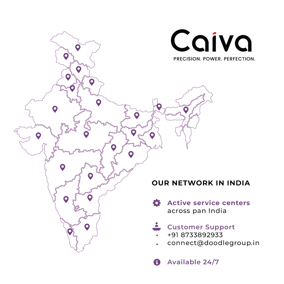 Map of India with purple markers indicating service centers, featuring the Caiva brand.