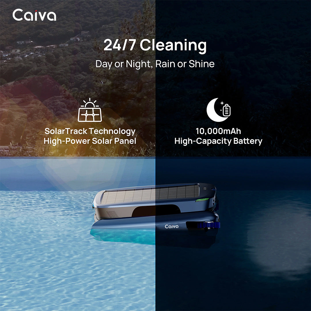 Caiva pool cleaning robot with solar panel and battery display on a split-screen background.