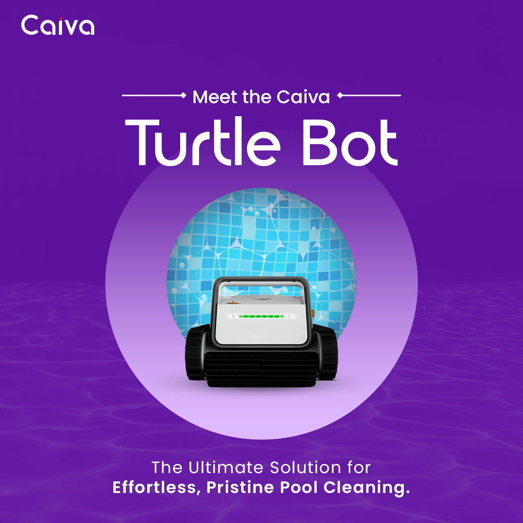 Advertisement for Caiva Turtle Bot on a purple background with pool cleaning theme.