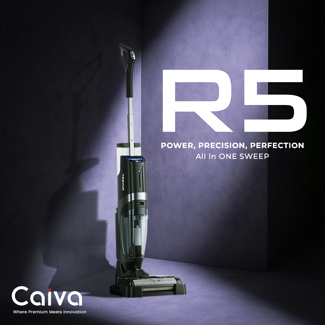 Caiva R5 vacuum cleaner on a dark background with promotional text.