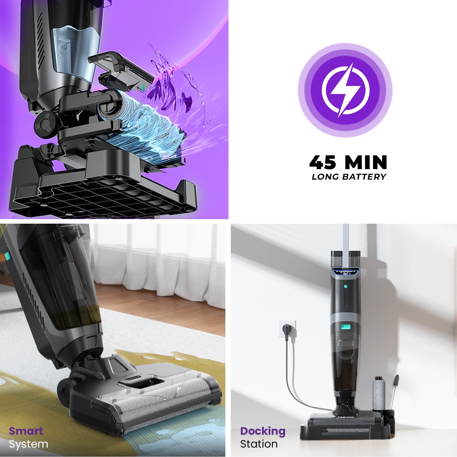 Vacuum cleaner with cleaning head, battery indicator, and docking station on a white background.