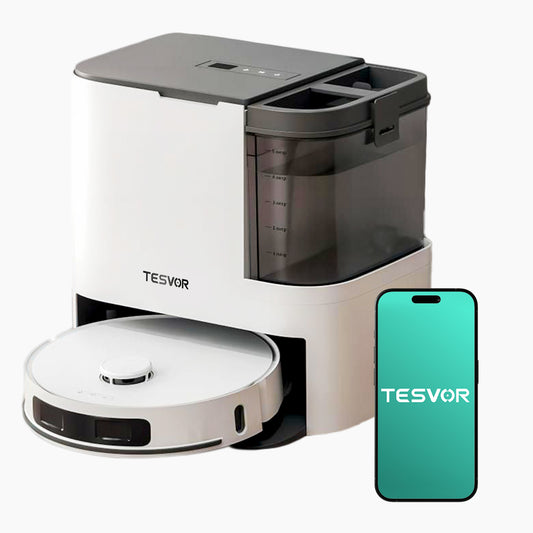 Robotic vacuum cleaner with app icon and Tesvor branding on a white background
