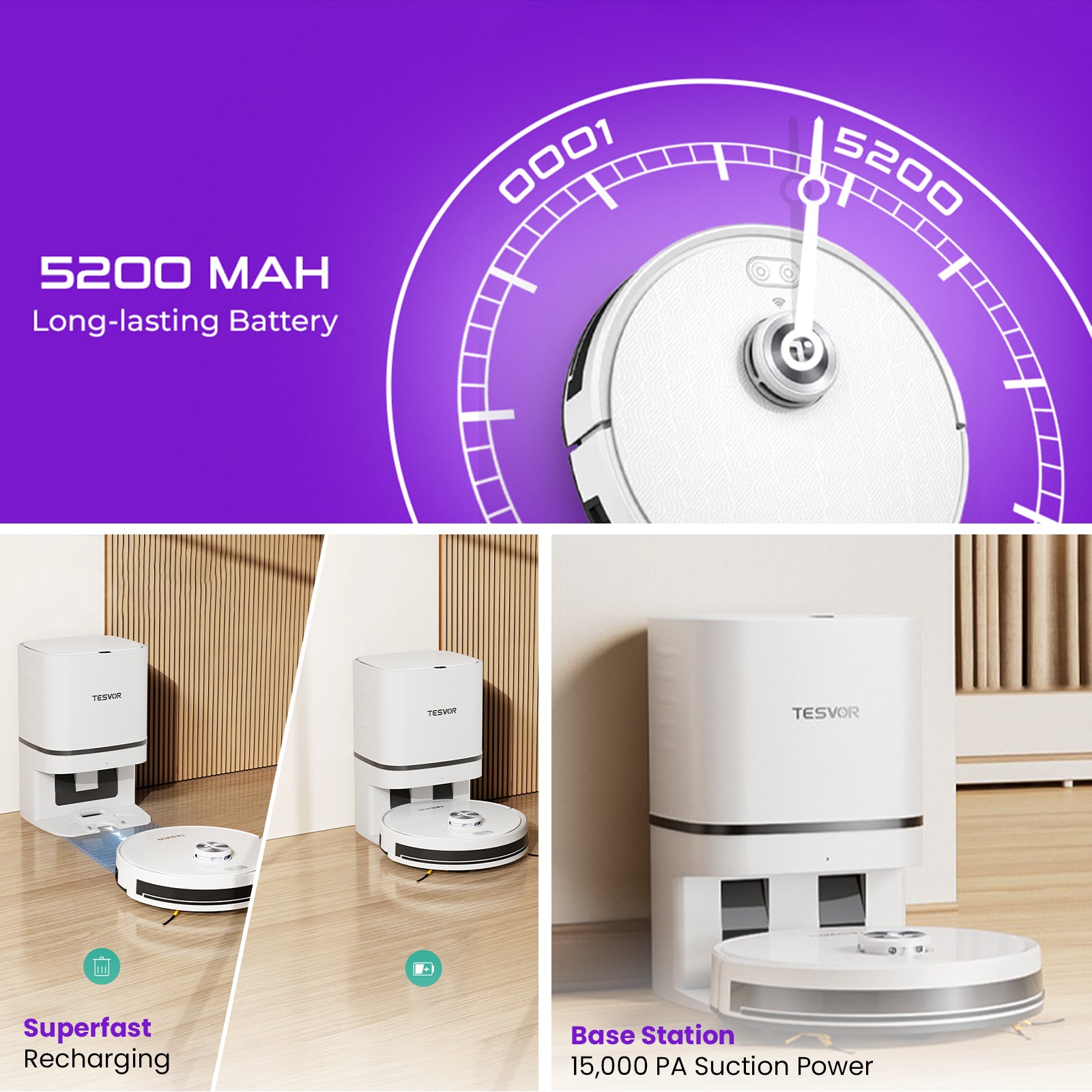 Robotic vacuum cleaner with charging station on a wooden floor, featuring battery capacity and suction power details.