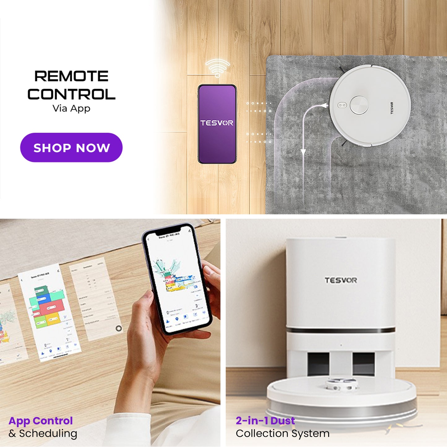 Collage of a Tesvor robot vacuum cleaner with remote control and app features on a wooden floor.