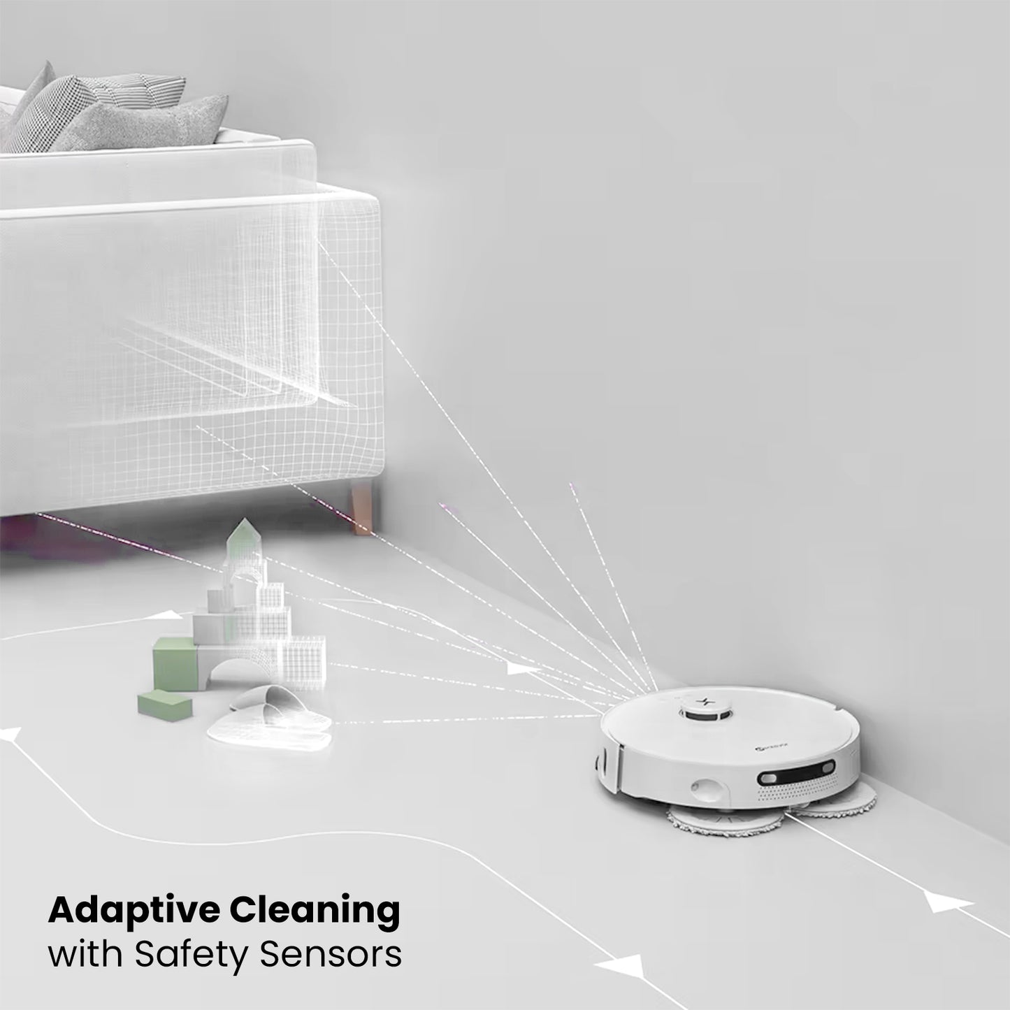 Robot vacuum cleaner with safety sensors in a room setting