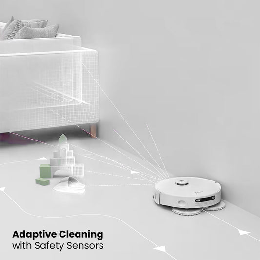 Robot vacuum cleaner with safety sensors in a room setting