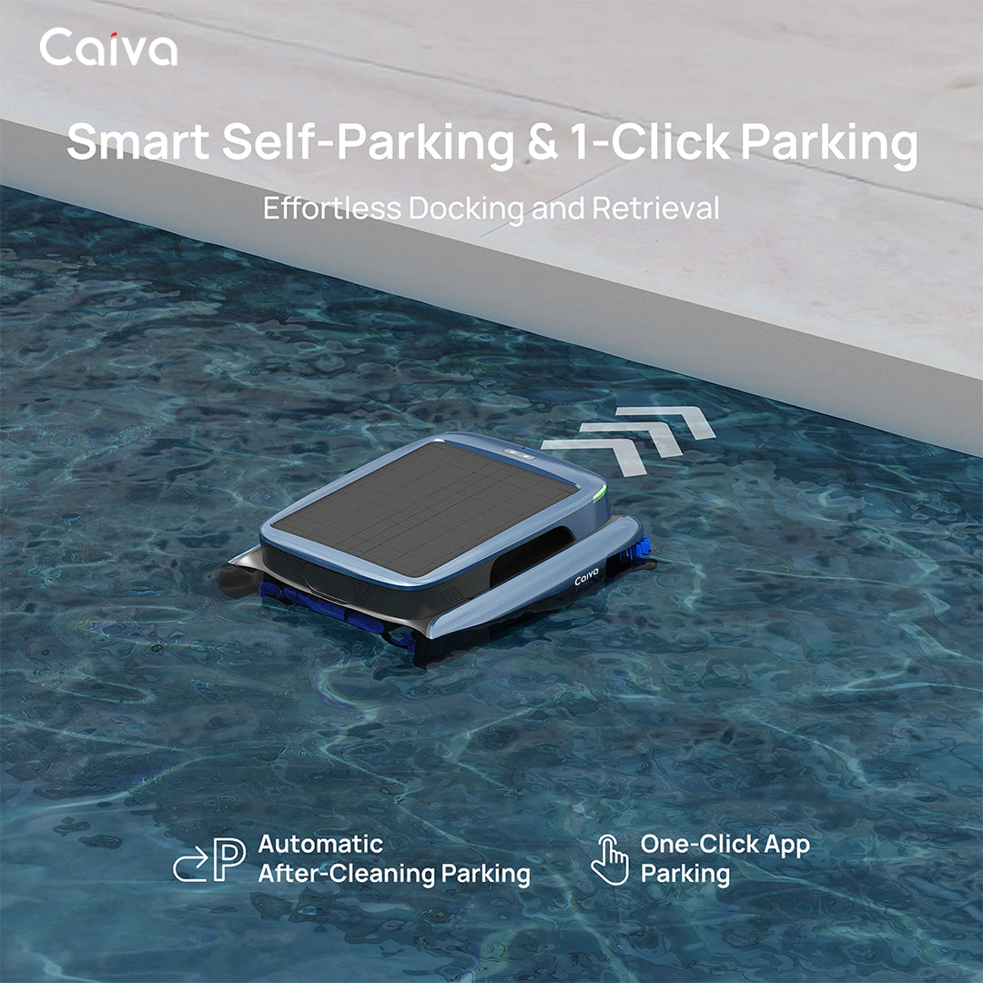 Robotic pool cleaner on water with text about smart self-parking and one-click parking.
