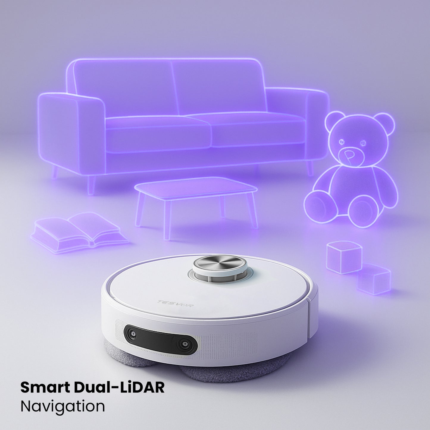 Robotic vacuum cleaner with smart dual-LiDAR navigation technology in a room setting.
