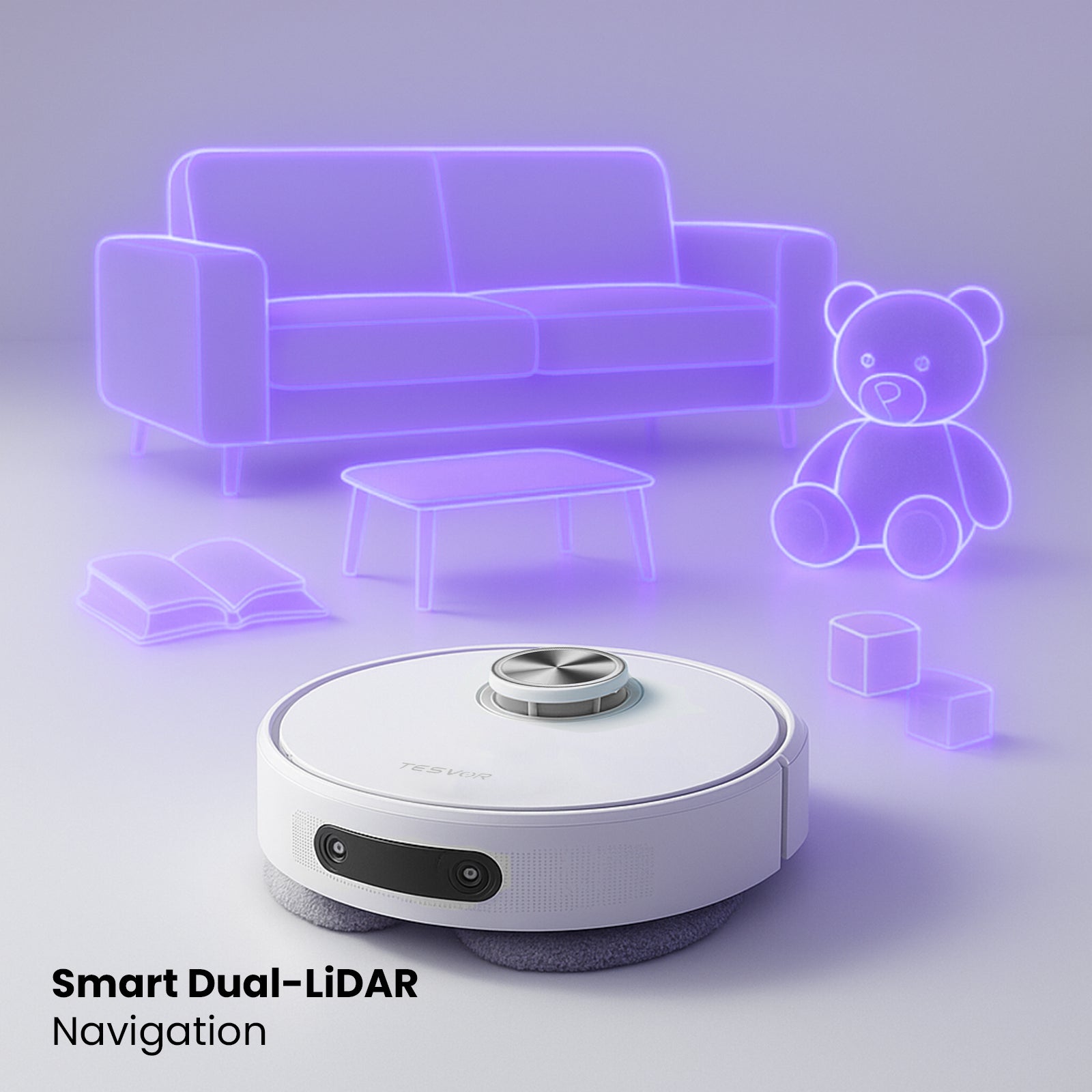 Robotic vacuum cleaner with smart dual-LiDAR navigation technology in a room setting.