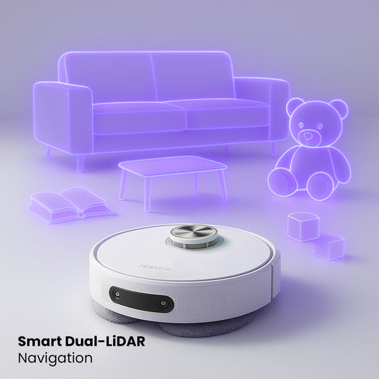 Robotic vacuum cleaner with smart dual-LiDAR navigation technology in a room setting.