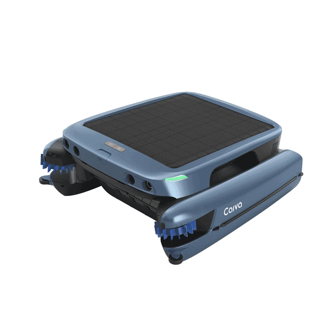Blue robot vacuum cleaner with solar panel on a white background