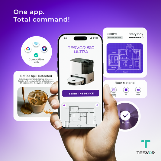 Hand holding a smartphone displaying the Tesvor app with various features on a purple background One control app for all robotic vacuum cleaner
