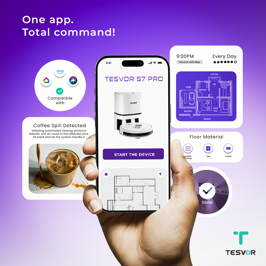 Hand holding a smartphone displaying the Tesvor app with various features on a purple background